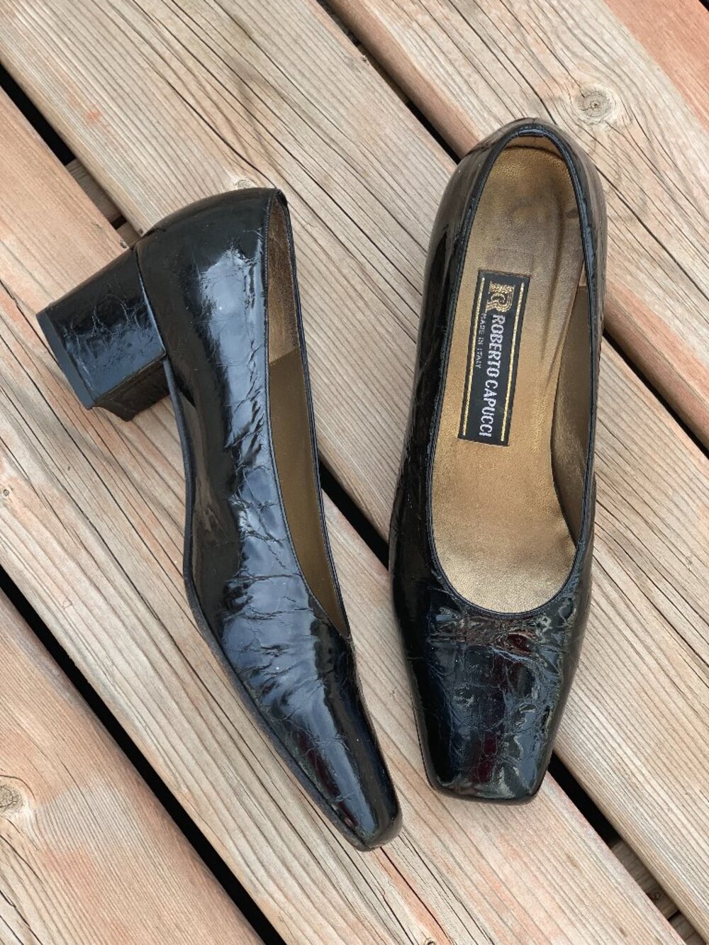 Vintage 90s Square Toe Pumps Black Patent Leather Croc Embossed Block Heel Shoes